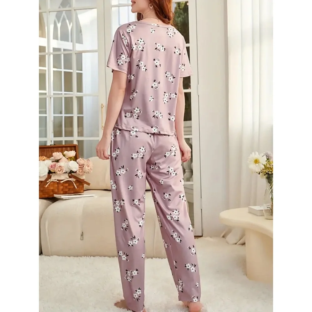 Pajama Set Soft Comfortable Short Sleeve Top & Pants Cute Floral XL - Picture 2 of 9